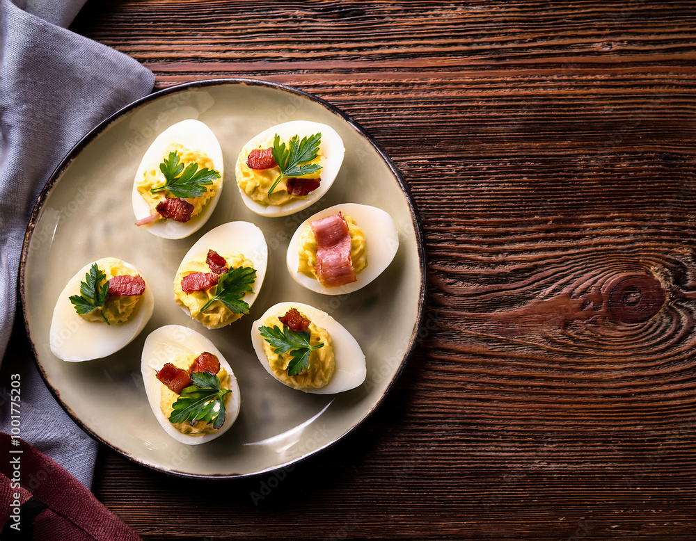 Boiled eggs with bacon and cheese on a wooden background. Selective focus. Boiled eggs with bacon and cheese on a wooden background. Selective focus.