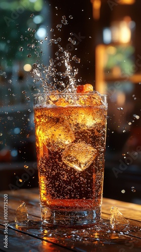 Refreshing sparkling drink with ice splashing in a glass at a cozy bar setting during the evening glow