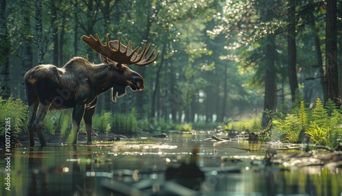 Moose standing by forest stream in peaceful woodland 