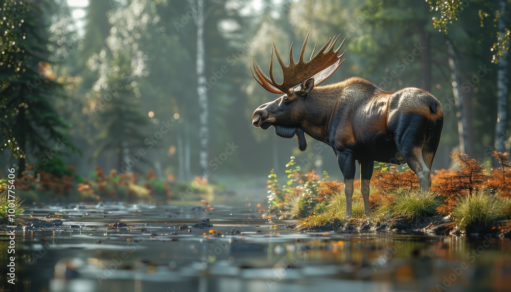 Moose standing by forest stream in peaceful woodland
