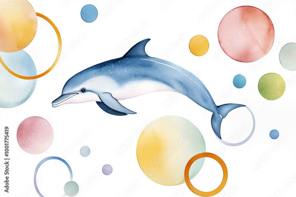 Delfin taucht zwischen geometrischen Ringen – Verspielte Aquarellkunst