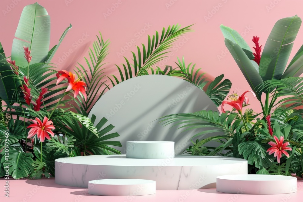 Tropical display with vibrant flowers and lush greenery against a soft pink backdrop, creating a stunning visual ambiance. Generative AI Tropical display with vibrant flowers and lush greenery against a soft pink backdrop, creating a stunning visual ambiance. Generative AI