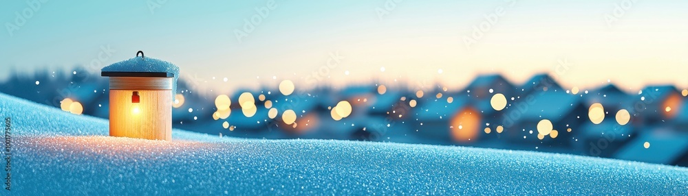 Serene Watercolor Winter Village: Snowy Landscape with Glowing Windows and Copy Space for Text Serene Watercolor Winter Village: Snowy Landscape with Glowing Windows and Copy Space for Text
