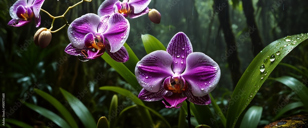 Fototapeta premium purple orchid flowers bloom under lush green canopy in tropical rainforest