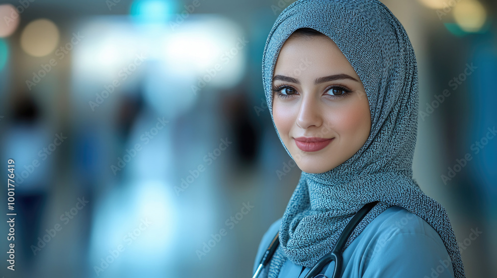 A healthcare professional wearing a hijab smiles warmly while engaging with patients in a bustling hospital environment A healthcare professional wearing a hijab smiles warmly while engaging with patients in a bustling hospital environment