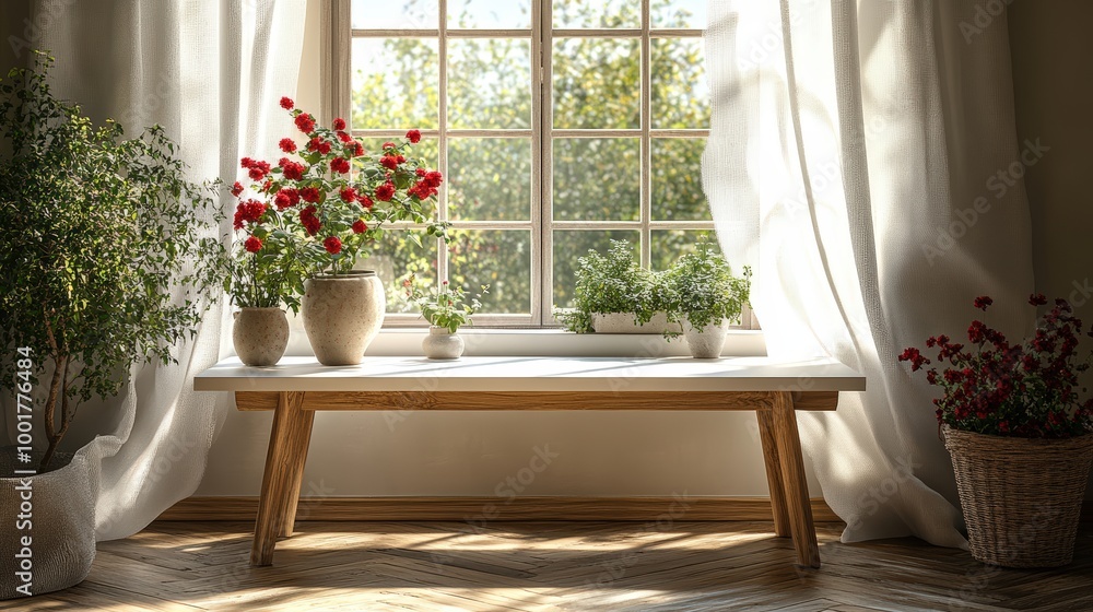 Minimalist white table with wooden legs in front of a window with soft sunlight and shadow Minimalist white table with wooden legs in front of a window with soft sunlight and shadow