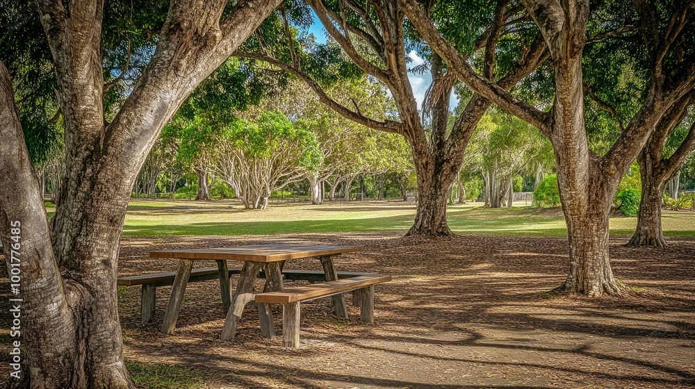 A wooden picnic table sits beneath the shade of large trees in a grassy park. A wooden picnic table sits beneath the shade of large trees in a grassy park.