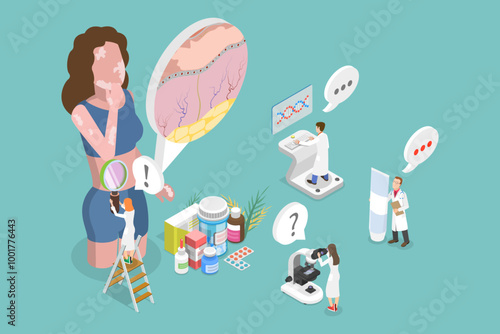 3D Isometric Flat Vector Illustration of Vitiligo, Diagnosis And Treatment