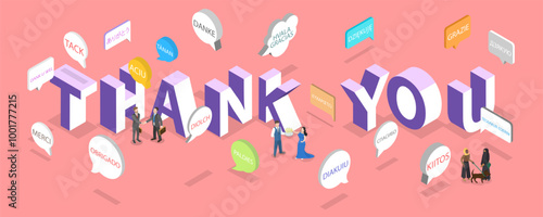 3D Isometric Flat Vector Illustration of Thank You, Lettering in Different Languages