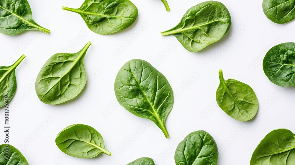 Green Spinach Leaves Pattern on White Background Green Spinach Leaves Pattern on White Background