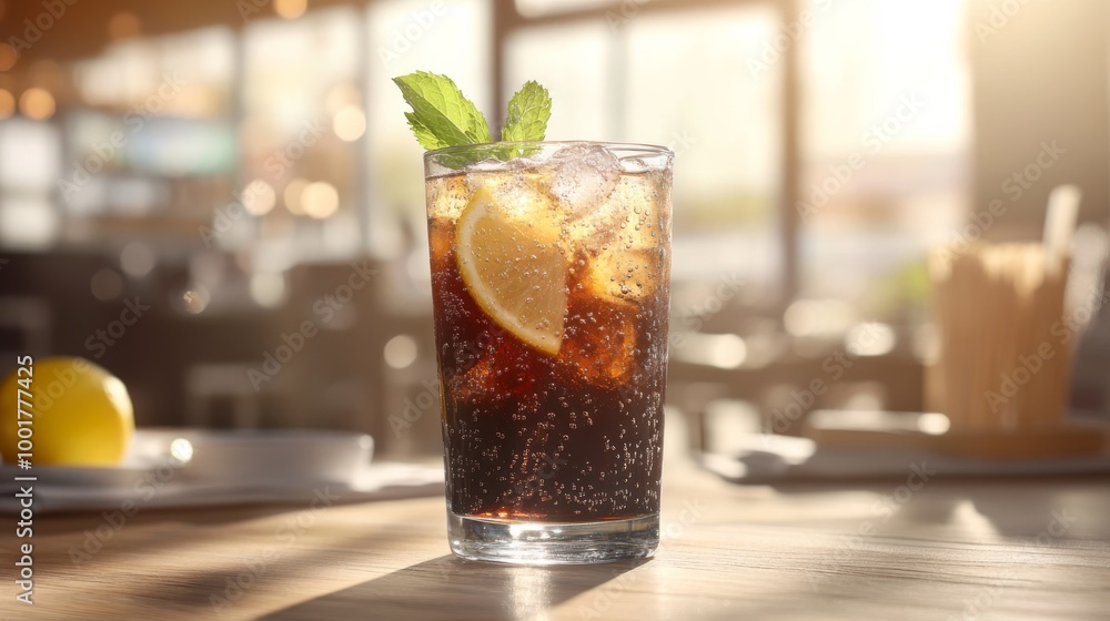 A tall glass filled with iced tea features mint leaves and a lemon slice, set against a bright background that emphasizes its refreshing coolness on a warm day A tall glass filled with iced tea features mint leaves and a lemon slice, set against a bright background that emphasizes its refreshing coolness on a warm day