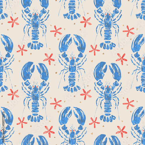 Vintage pattern of lobsters and stars. Seamless pattern of vintage blue lobsters and red starfishes
