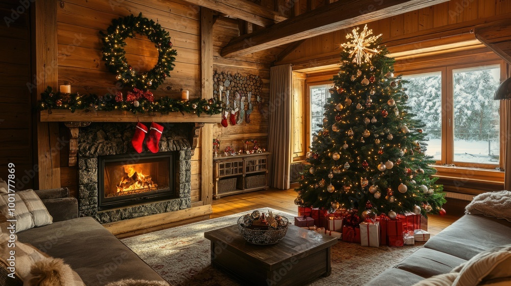 Cozy wooden living room with decorated christmas tree and fireplace, festive ambiance for new year celebration Cozy wooden living room with decorated christmas tree and fireplace, festive ambiance for new year celebration