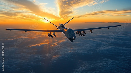 A military drone soars above the clouds at sunset, showcasing its weaponry against a backdrop of vibrant colors in the sky