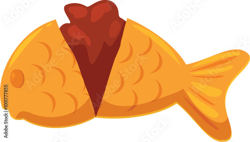 This cartoon illustration features a golden brown bungeoppang with its mouth open, showing a sweet red bean paste filling