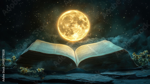 An open book rests on a rock, illuminated by a bright full moon against a starry night sky, with wildflowers adding charm to the scene