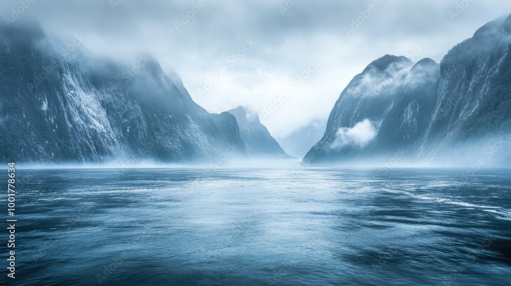 Naklejka premium Misty mountains and tranquil waters create a serene scene, with layers of clouds and fog creating an ethereal atmosphere.