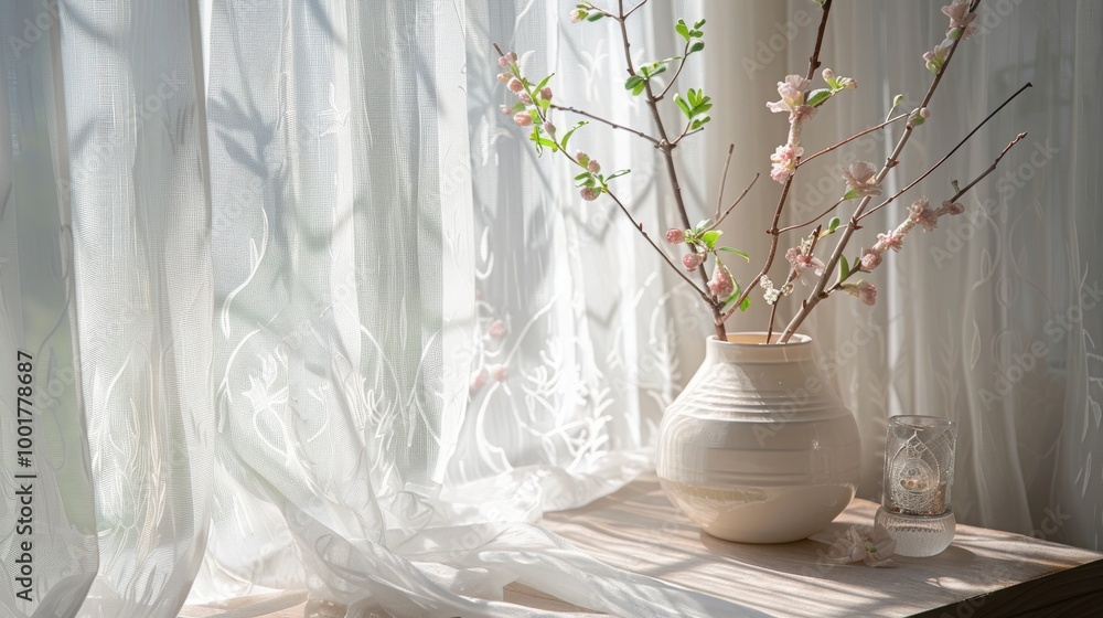 A vase of delicate pink blossoms sits on a windowsill, bathed in soft sunlight streaming through sheer curtains. A vase of delicate pink blossoms sits on a windowsill, bathed in soft sunlight streaming through sheer curtains.