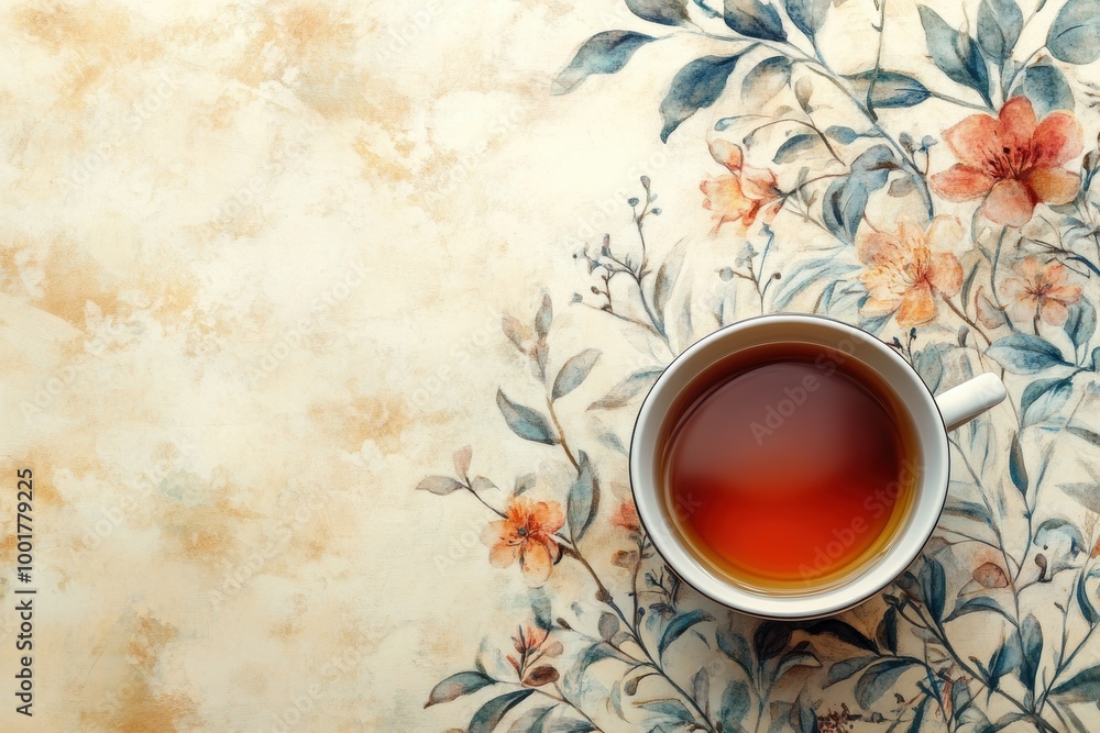 floral tea cup decor, beautiful background with elegant floral decor, featuring rooibos tea cup in calming hues floral tea cup decor, beautiful background with elegant floral decor, featuring rooibos tea cup in calming hues