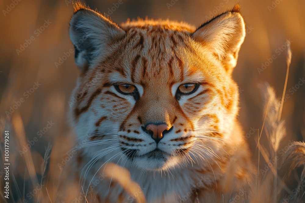 Fototapeta premium Close-up portrait of a big cat in the grass at sunset