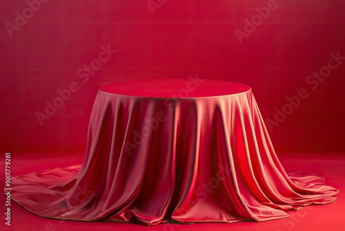 Cylinder podium covered with red cloth on viva magenta background. Premium empty fabric pedestal for product display. with generative ai