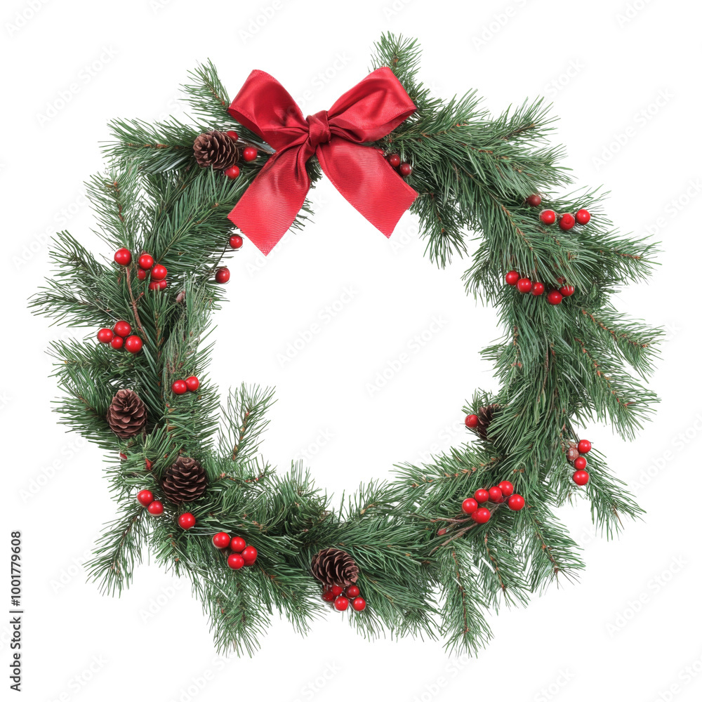 A festive holiday wreath adorned with red bows, pinecones, and berries, perfect for Christmas decoration. A festive holiday wreath adorned with red bows, pinecones, and berries, perfect for Christmas decoration.