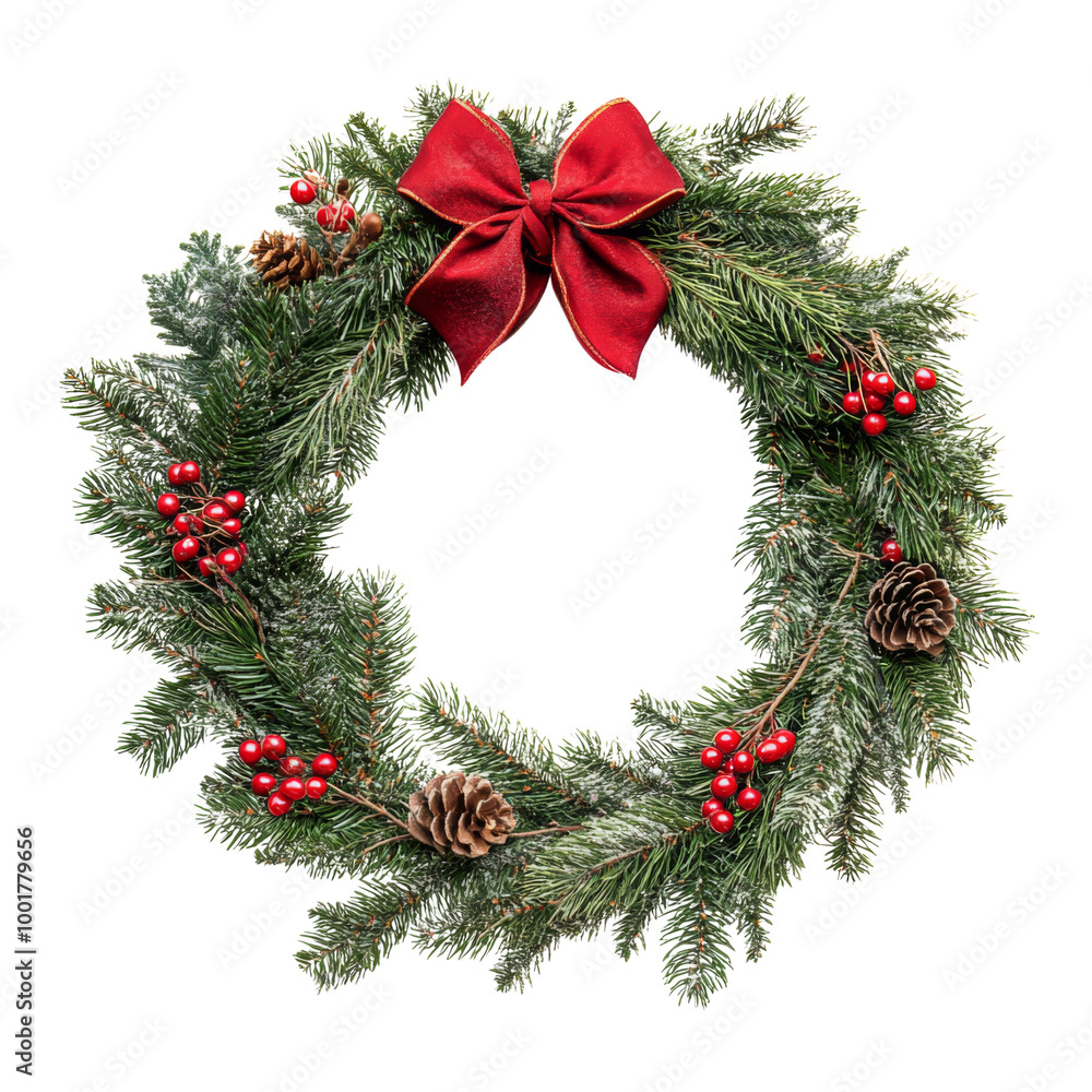 A festive holiday wreath adorned with red bows, pinecones, and berries, perfect for Christmas decoration. A festive holiday wreath adorned with red bows, pinecones, and berries, perfect for Christmas decoration.