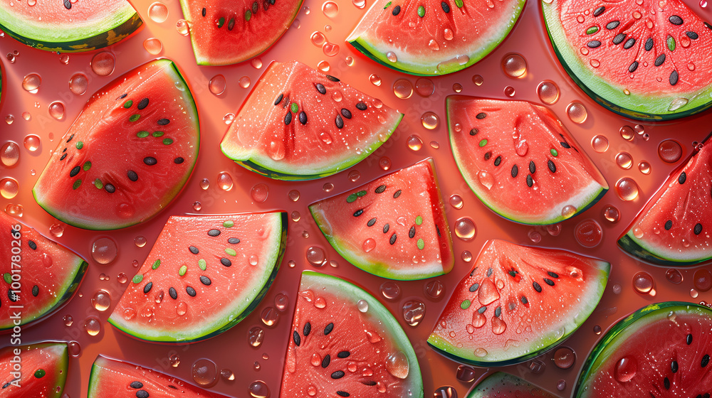 Flatplay of slices of ripe watermelon with black seeds. Top view. Flatplay of slices of ripe watermelon with black seeds. Top view.
