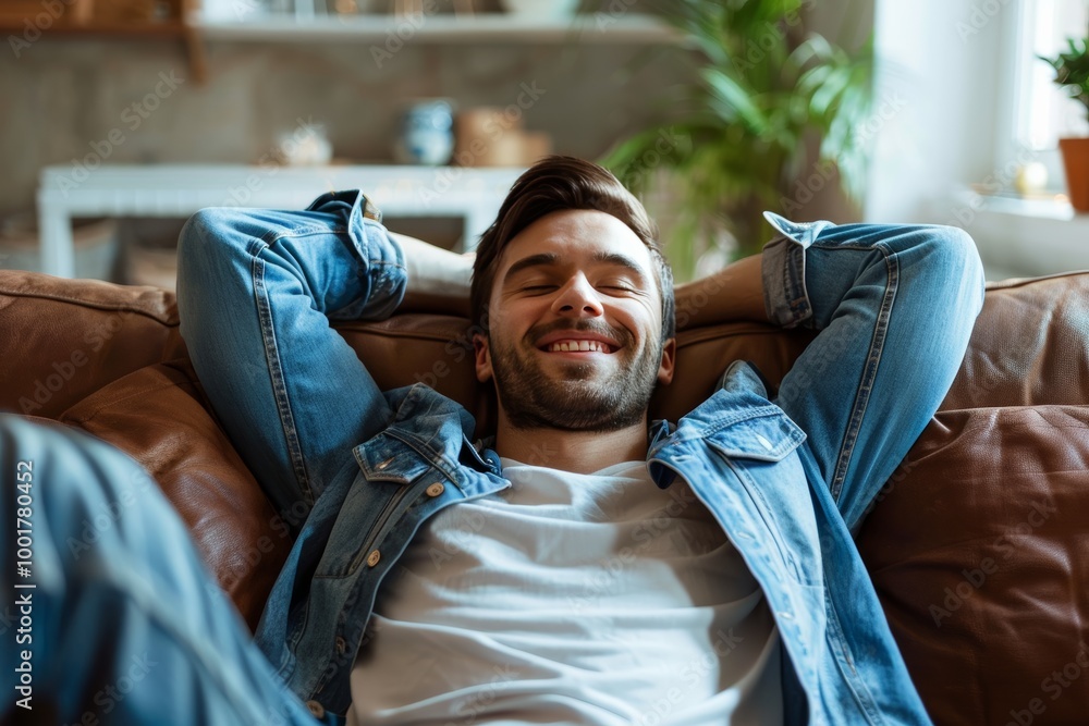 Man enjoying peaceful home atmosphere on couch with hands behind head Man enjoying peaceful home atmosphere on couch with hands behind head