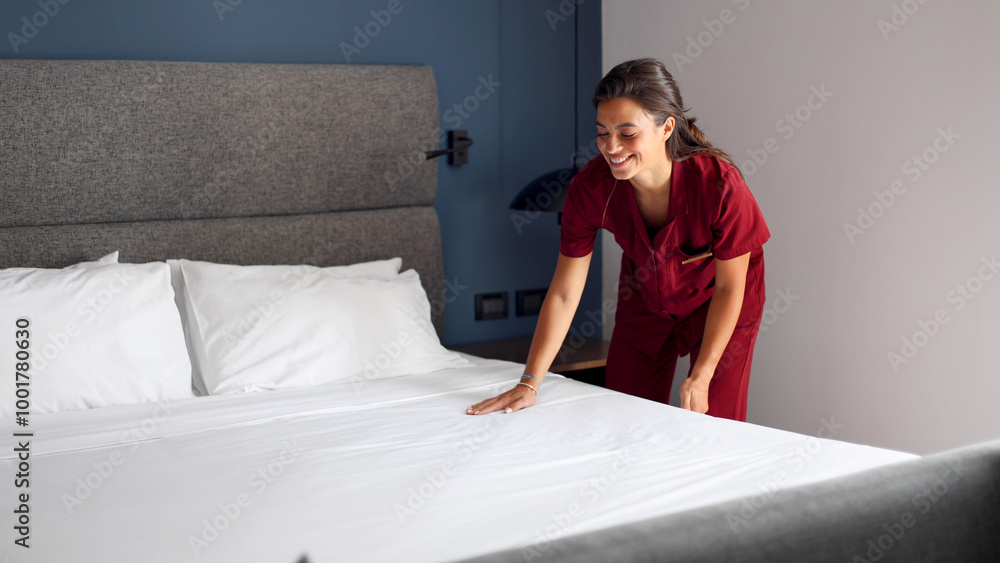 Young maid neatly arranging the bed sheets in a hotel room Young maid neatly arranging the bed sheets in a hotel room