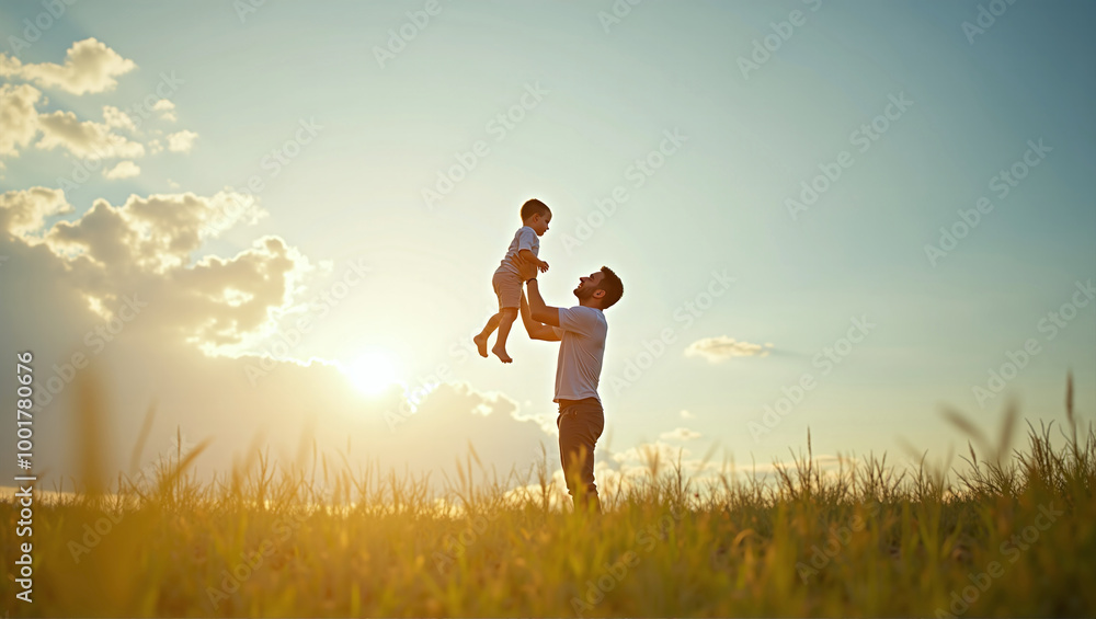 Happy father and son playing happily in nature, strengthening and maintaining the father-son bond Happy father and son playing happily in nature, strengthening and maintaining the father-son bond