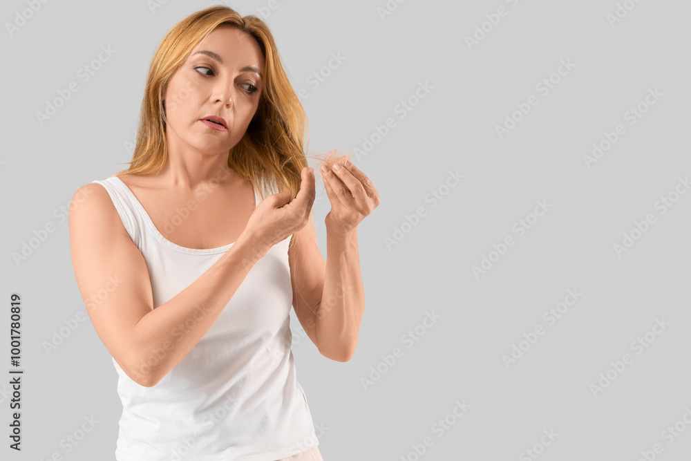 Mature woman with hair loss problem on grey background Mature woman with hair loss problem on grey background