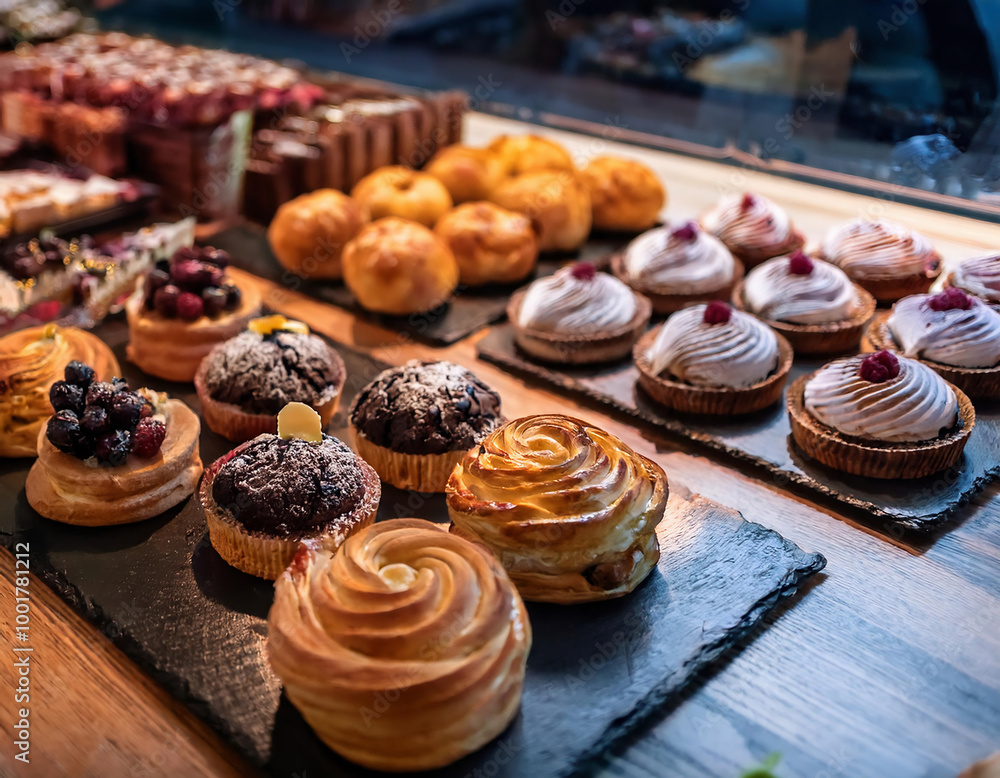 Cupcakes and pastries in a bakery shop. Cupcakes and pastries in a bakery shop.