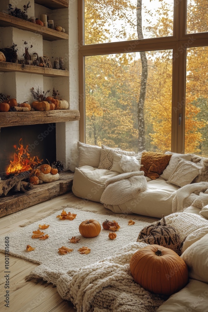 Obraz premium cozy fall home decor, create a cozy fall atmosphere with large floor pillows, a fireplace, and shelves decorated with gourds and pinecones