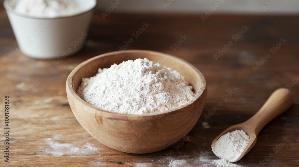 Wooden bowl filled with flour on a rustic kitchen table Wooden bowl filled with flour on a rustic kitchen table