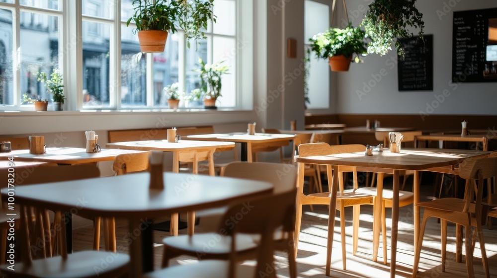 Obraz premium Warm sunlight fills a Scandinavian-style café, showcasing light wood furniture, white walls, and lush hanging plants that enhance the inviting ambiance for visitors