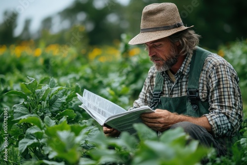 A mature farmer in a straw hat and overalls sits in a field of sunflowers, reading a book.