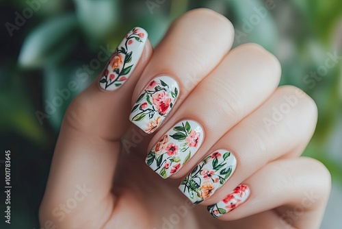 Female hand with beautiful floral manicure. Nail art with cute painted flowers. with generative ai