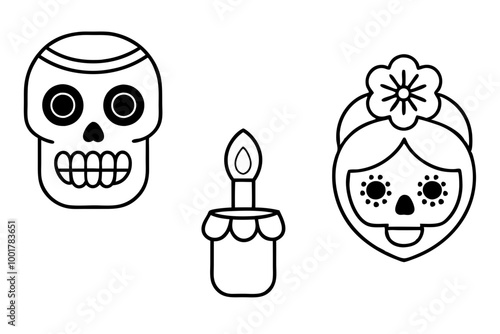 Set of dia de muertos Icons. Simple line art style icons pack. Vector illustration