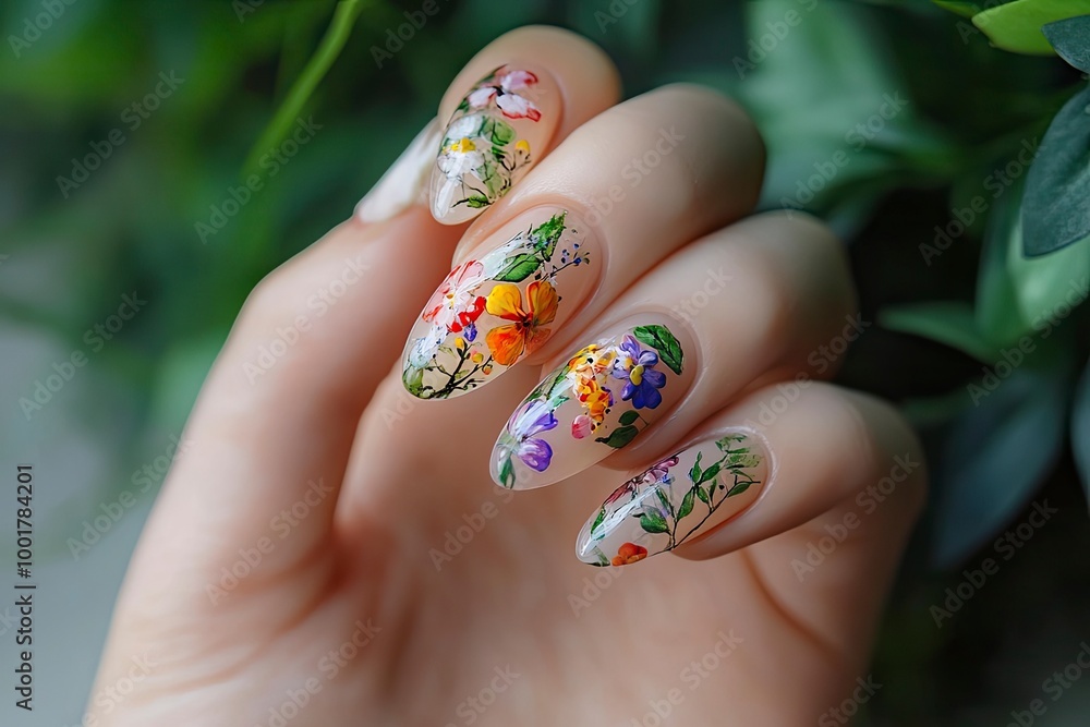 Female hand with beautiful floral manicure. Nail art with cute painted flowers. with generative ai Female hand with beautiful floral manicure. Nail art with cute painted flowers. with generative ai