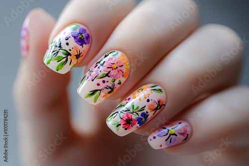 Female hand with beautiful floral manicure. Nail art with cute painted flowers. with generative ai