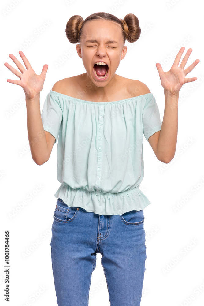 A young girl with pigtails showing an angry expression with her hands raised. A young girl with pigtails showing an angry expression with her hands raised.