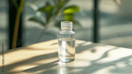 Glass Bottle with Liquid on Wooden Table