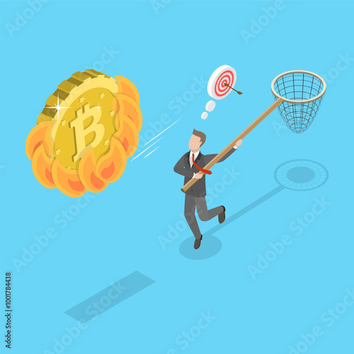 3D Isometric Flat Vector Illustration of Greedy Investors Chasing High-Performance Bitcoin In Bull Market, A Speculative Pursuit