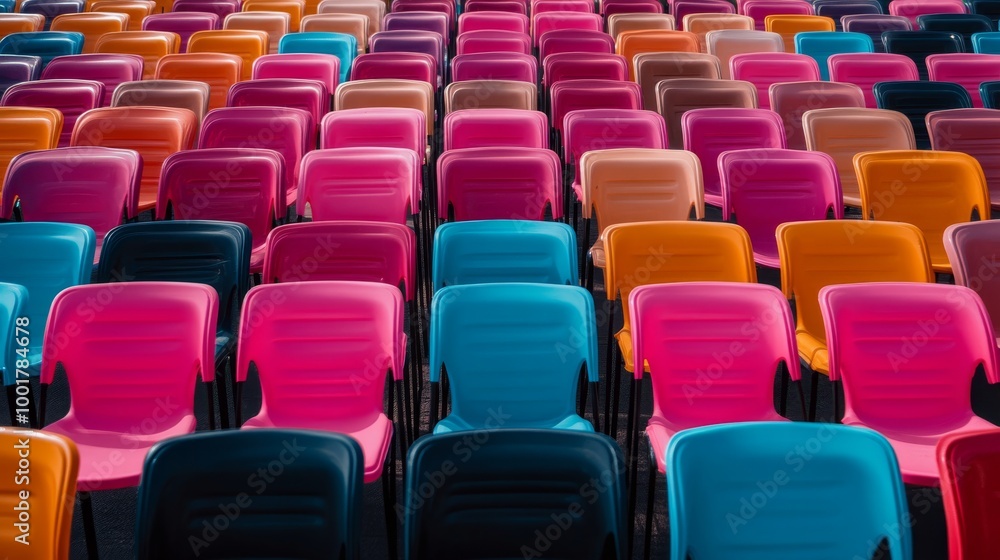 Brightly colored plastic chairs are neatly arranged in rows, creating a lively and geometric pattern. This energetic setup invites attention and adds a playful atmosphere Brightly colored plastic chairs are neatly arranged in rows, creating a lively and geometric pattern. This energetic setup invites attention and adds a playful atmosphere