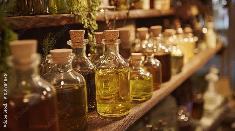 Collection of glass bottles with oils on wooden shelf Collection of glass bottles with oils on wooden shelf