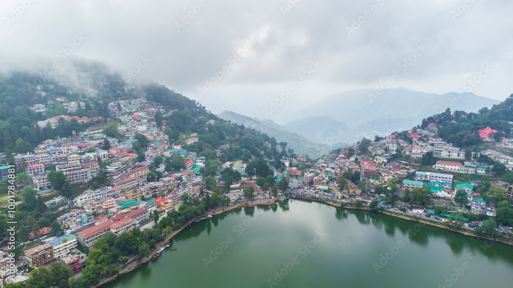 Aerial view of nainital lake in nainital city. Beautiful landscape of himalayan hill station nainital, uttarakhand in India Aerial view of nainital lake in nainital city. Beautiful landscape of himalayan hill station nainital, uttarakhand in India