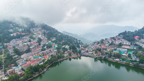 Aerial view of nainital lake in nainital city. Beautiful landscape of himalayan hill station nainital, uttarakhand in India