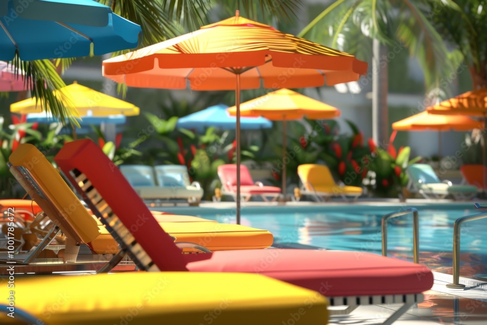 Relaxing by the Pool: Tropical Getaway with Loungers and Umbrellas