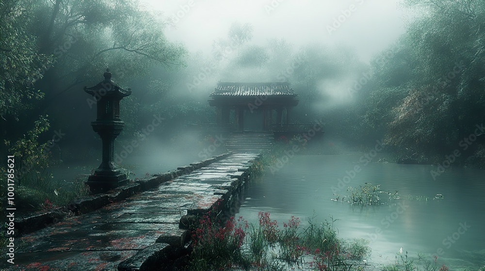 Stone Bridge Leading to a Mystical Pagoda in a Foggy Forest Stone Bridge Leading to a Mystical Pagoda in a Foggy Forest
